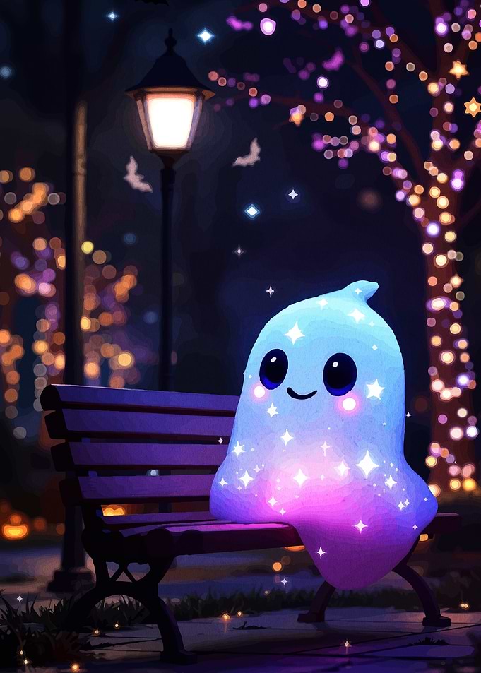 Cute Ghost on Bench at Night
