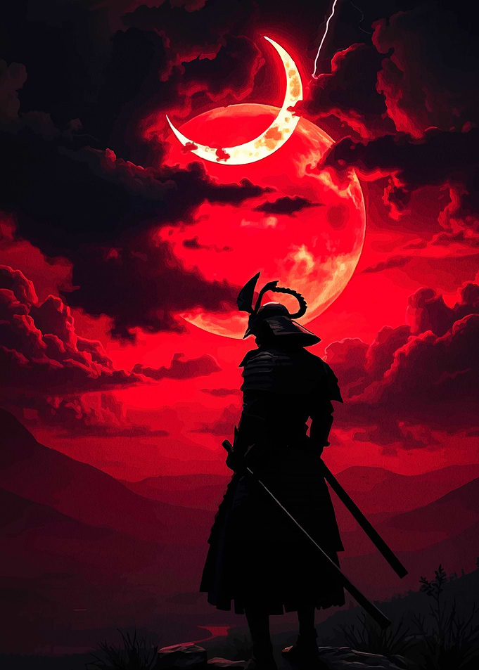 Samurai Silhouette Under Red Moon