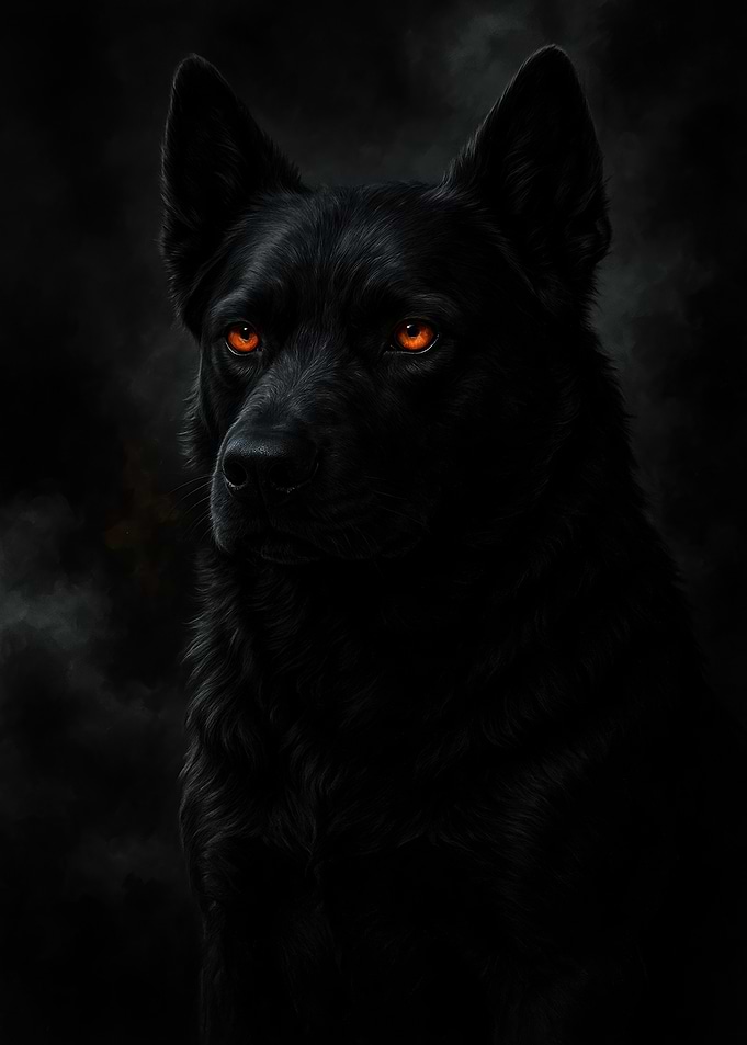 Black Dog with Glowing Orange Eyes