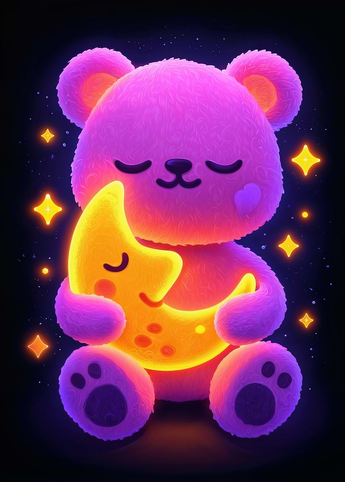 Cute Pink Bear Hugging Moon
