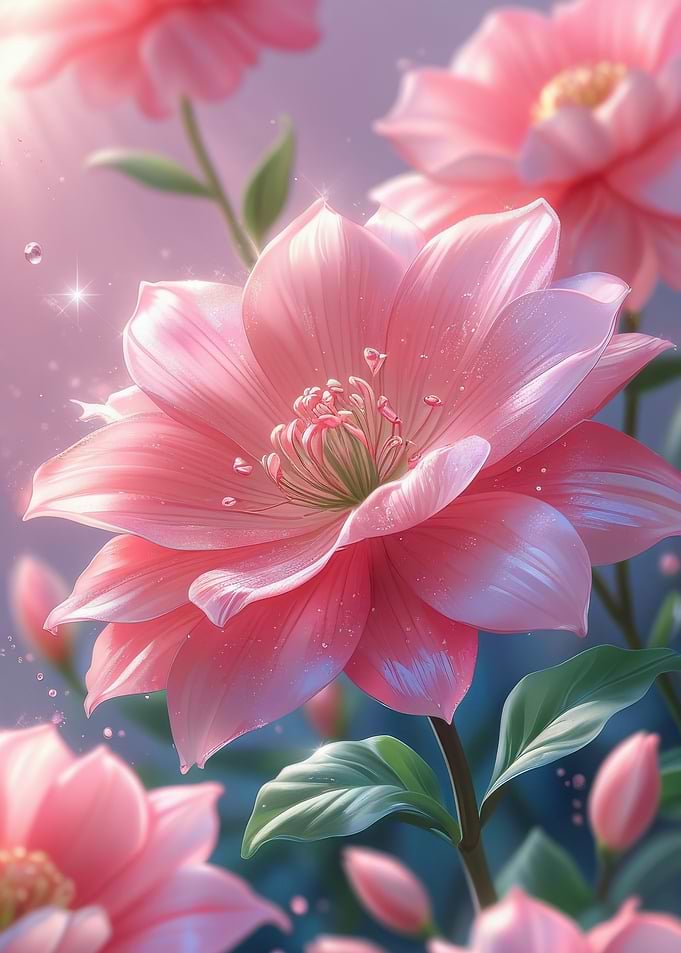 Pink Flowers with Dew Drops
