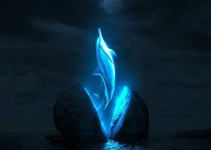 Glowing Dolphin Leaping from Stone