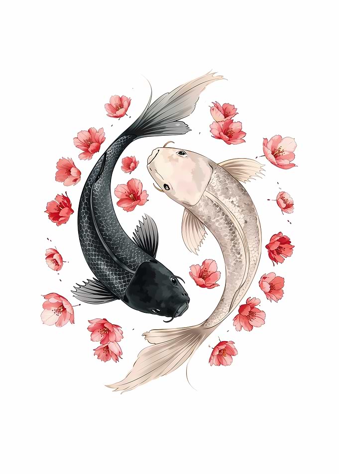 Yin Yang Koi Fish with Flowers