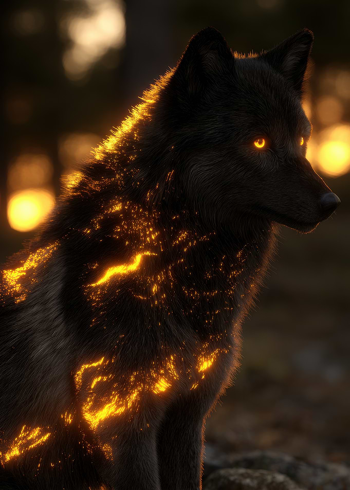 Glowing Wolf in Dark Forest