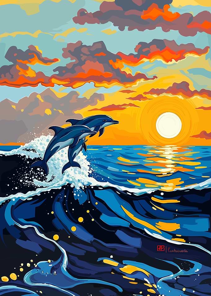 Dolphins jumping at sunset illustration