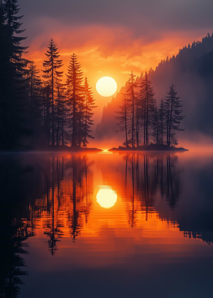 Lake Sunset with Forest Reflection