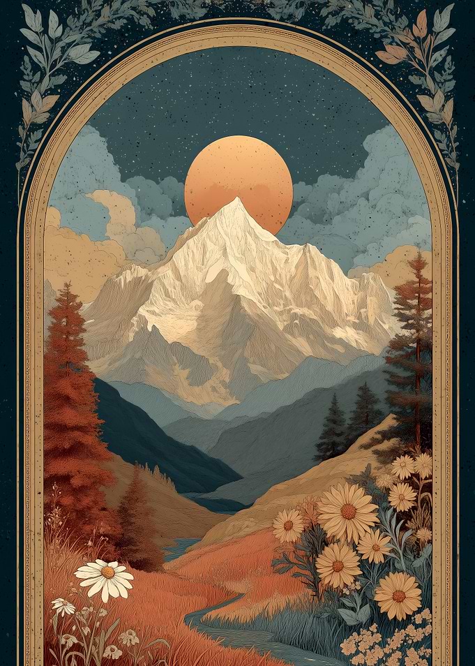 Mont Blanc Boho Mountain Illustration — Arch Frame Botanical Landscape