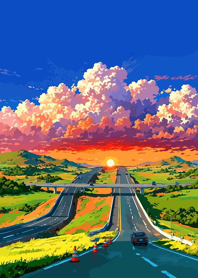 Highway Sunset Landscape Digital Art
