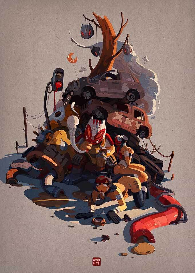 Post-Apocalyptic Junkyard Scene with Characters