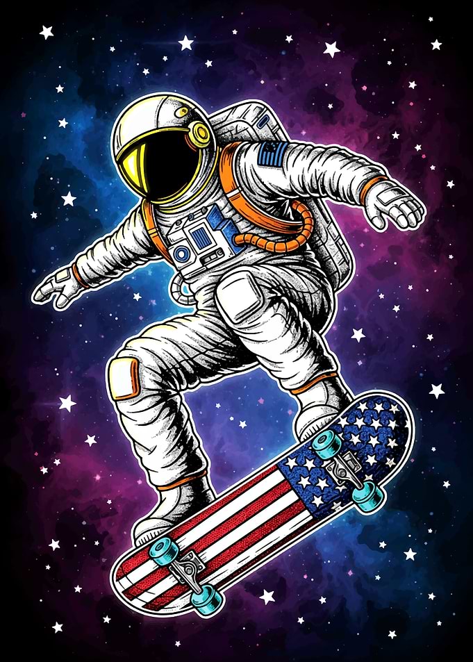 Kickflip in Space Astronaut Skateboarding in Space Art