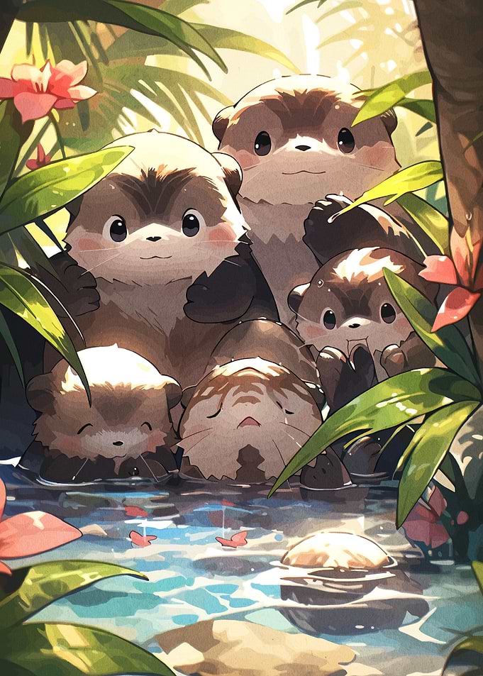 Cute Otter Family in Water