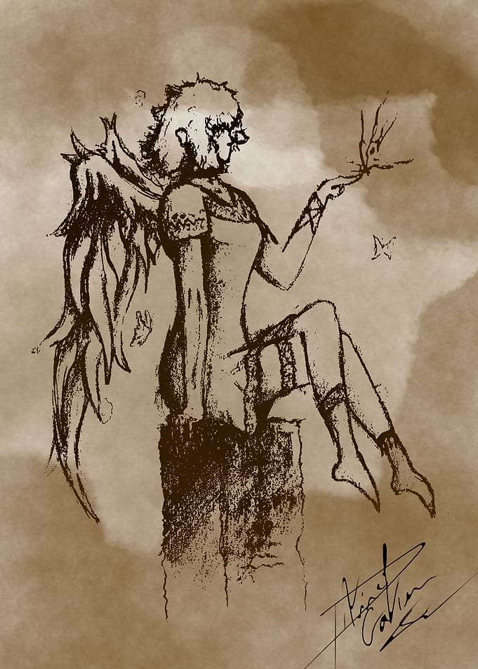 Winged Woman with Butterfly Sketch