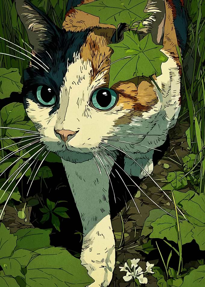 Calico Cat in Greenery
