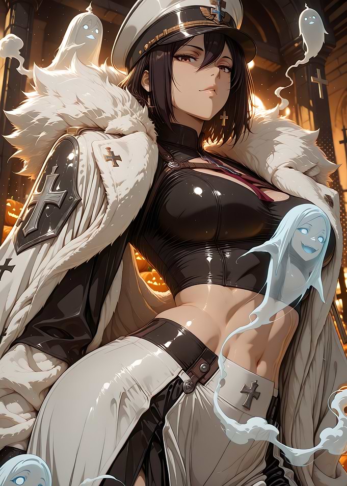 Anime Girl with Ghosts in Halloween Setting