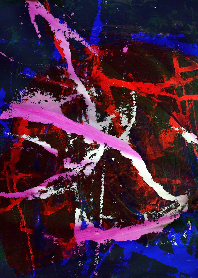 Abstract Painting with Red, Pink, and Blue