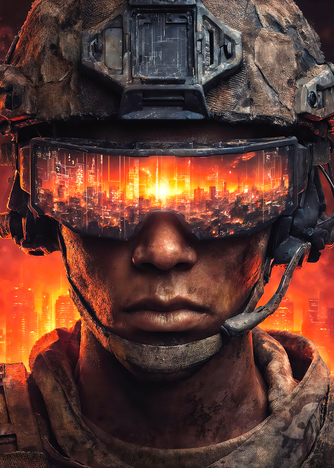 Futuristic Soldier with Cityscape Reflection