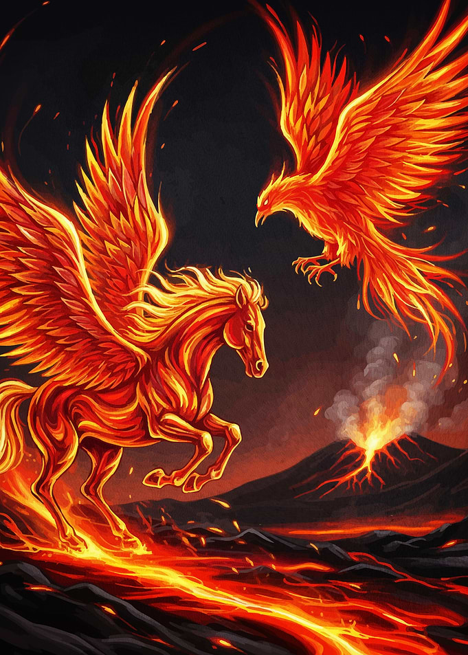Fiery Pegasus and Phoenix