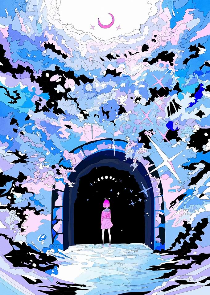 Pink-haired girl in a magical tunnel