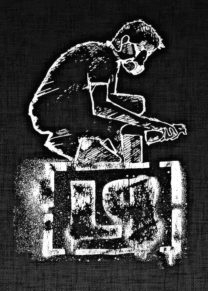 Monochrome Figure on Box with Text