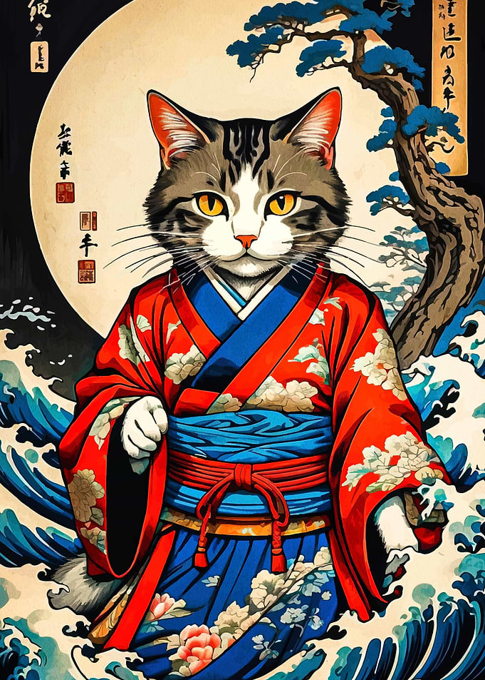 Cat Samurai in Ukiyo-e Style