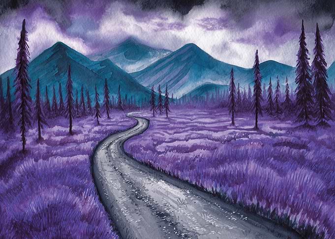 Watercolor Landscape with Road and Mountains