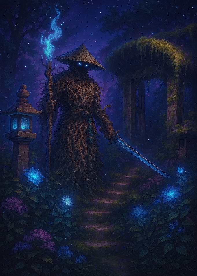 Mystical Forest Guardian with Glowing Sword