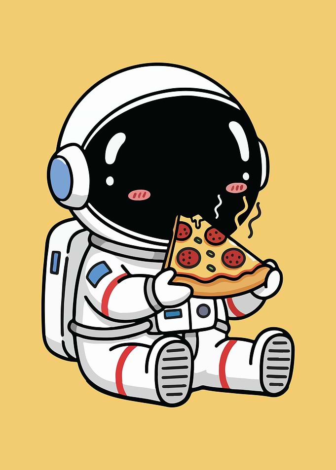 Astronaut eating pizza cartoon illustration