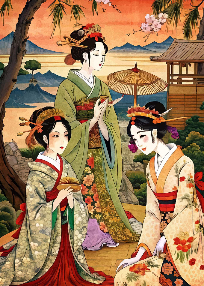 Three Geishas in a Japanese Garden