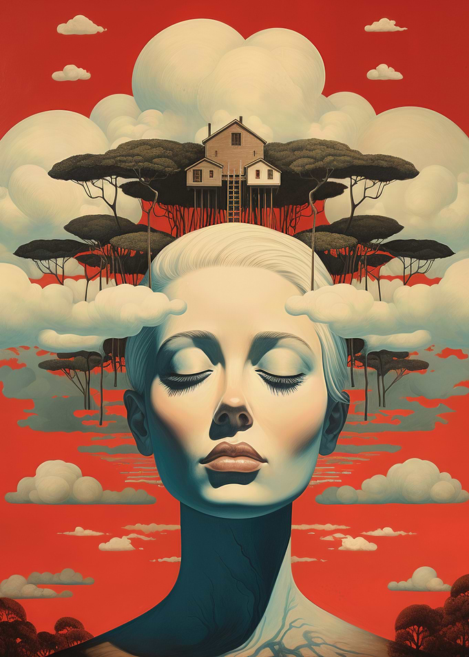 Dreamscape with House and Meditative Figure