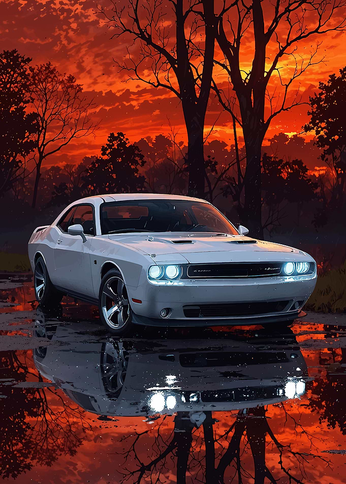 White Dodge Challenger at Sunset Reflection