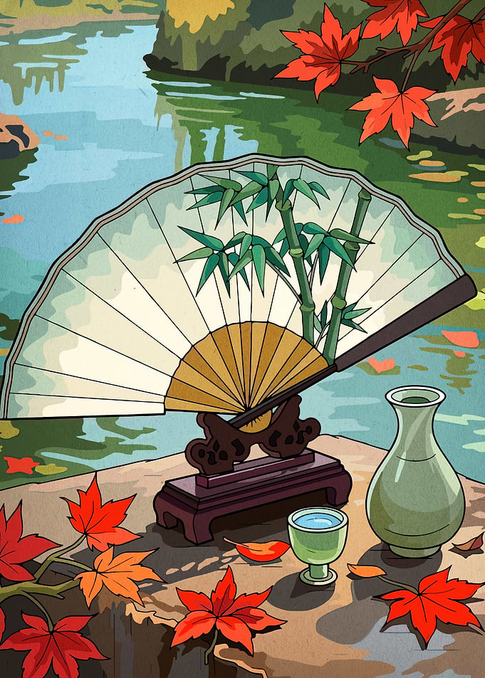 Japanese Fan Still Life with Maple Leaves