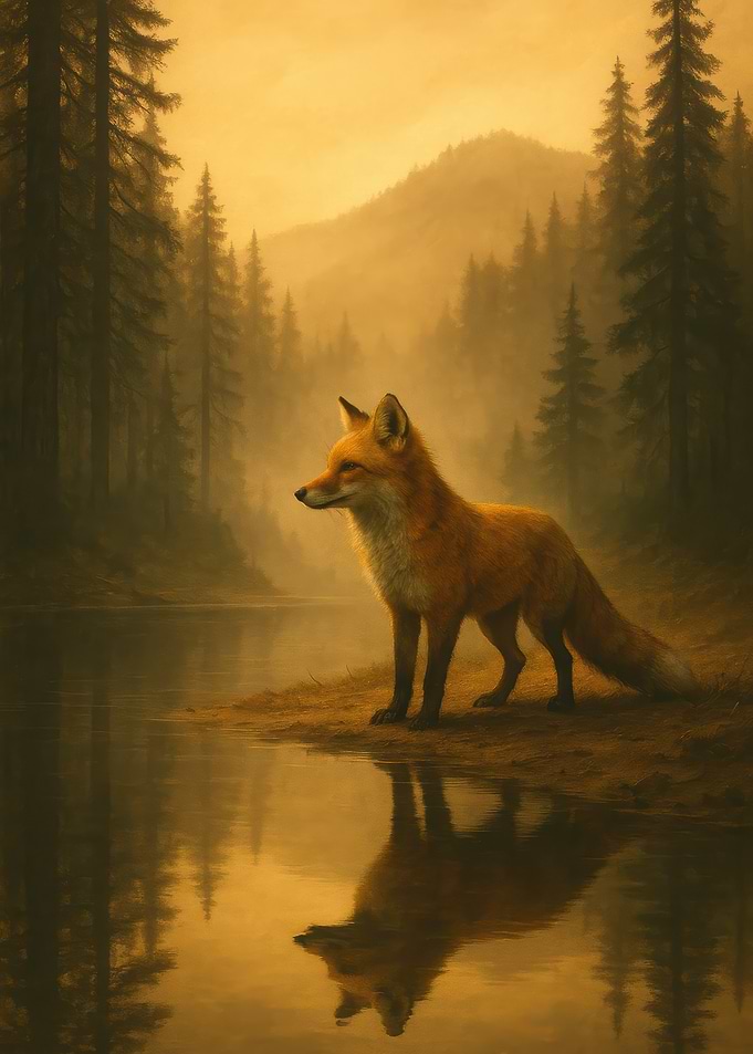 Fox in Forest by Lake Reflection