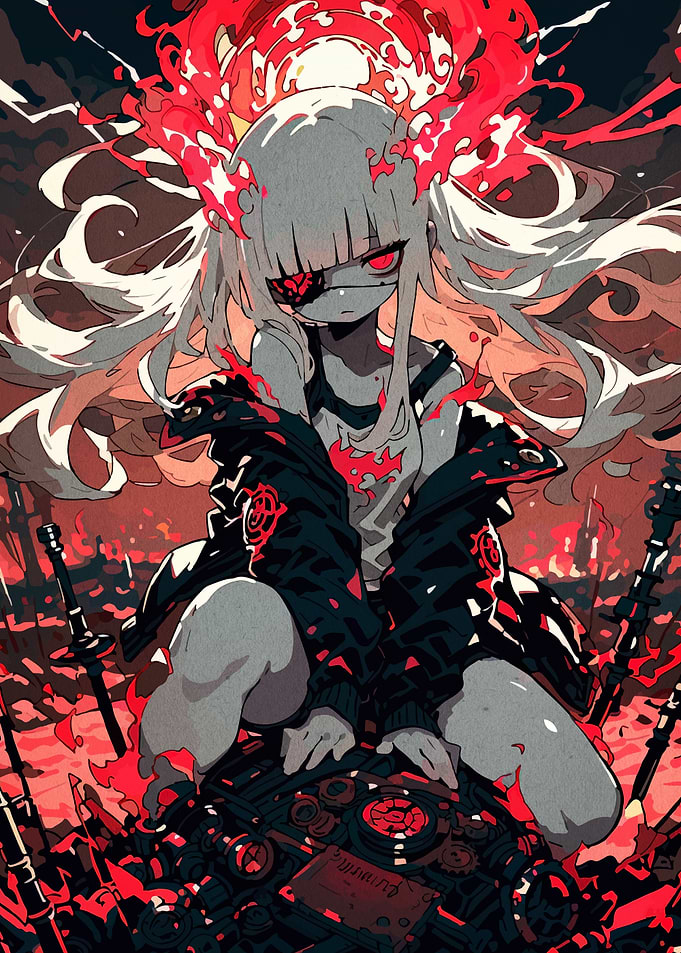 Anime Girl with Red Flames and Swords