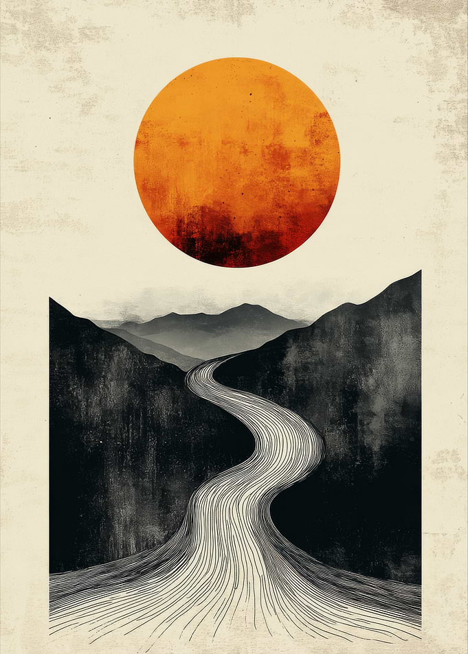 Minimalist Landscape with Sun and River