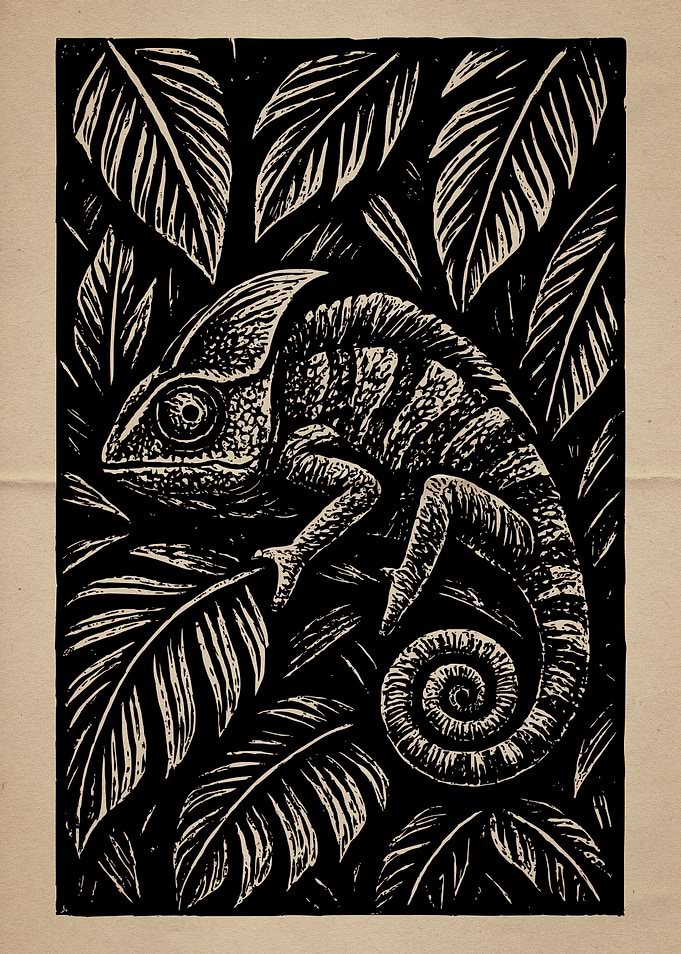 Chameleon in the Jungle Linocut Art