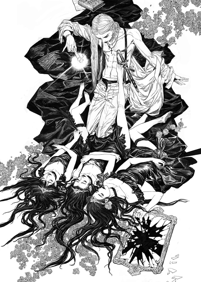 Monochrome Occult Ritual with Three Women