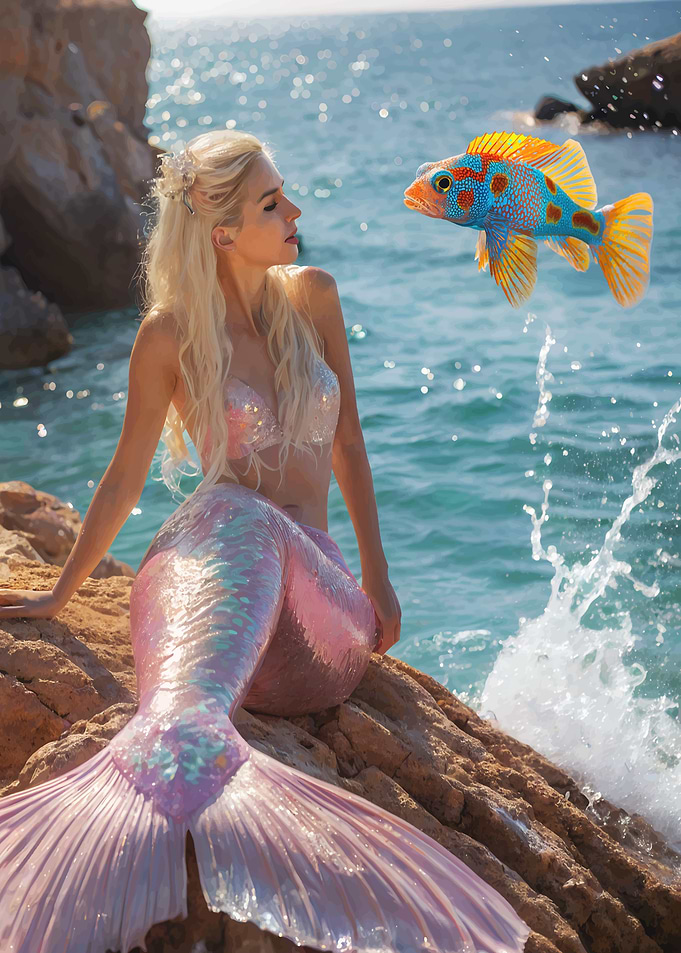 Mermaid Talking with Flying Fish by the Sea