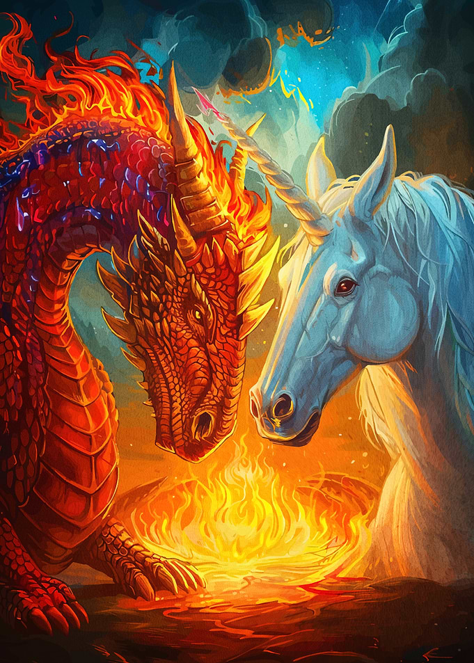 Dragon and Unicorn by Fire