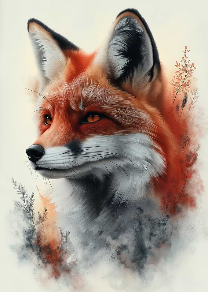 Fox Portrait with Floral Accents