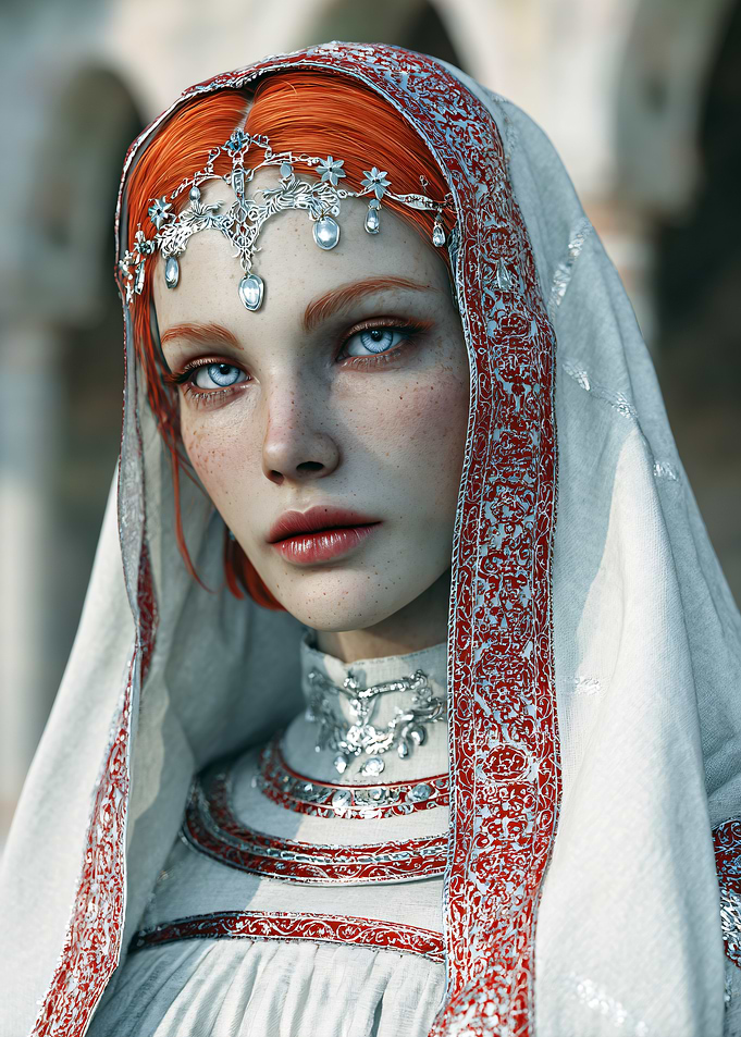 Red-haired woman with headscarf and jewelry