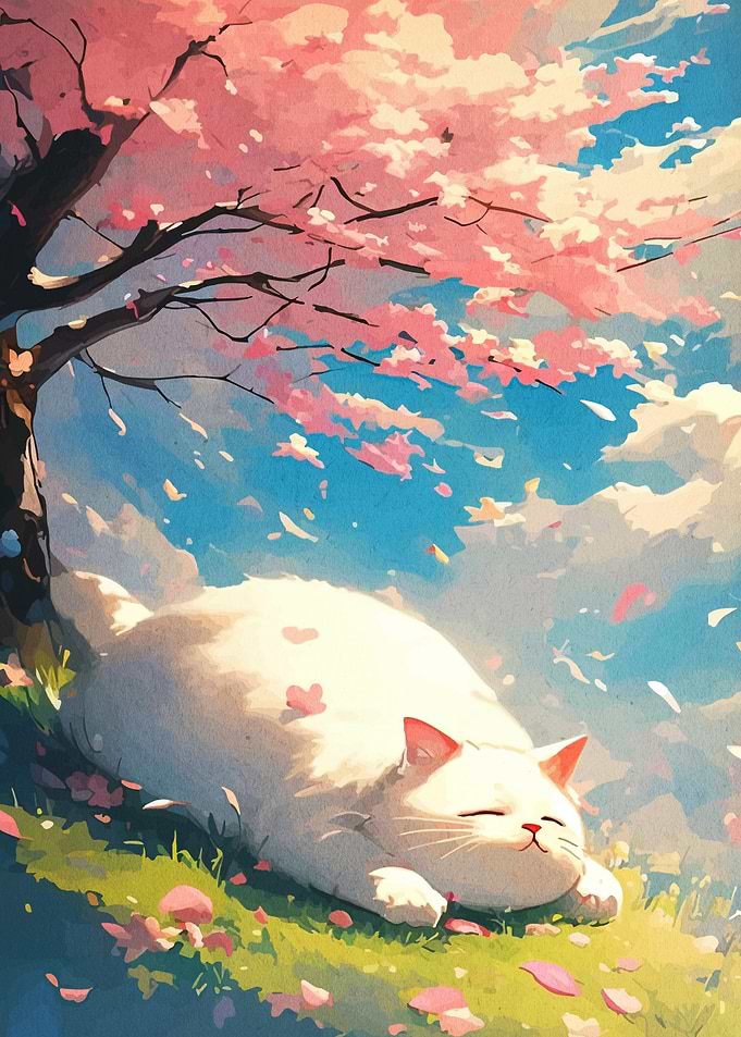 Cat Sleeping Under Cherry Blossom Tree