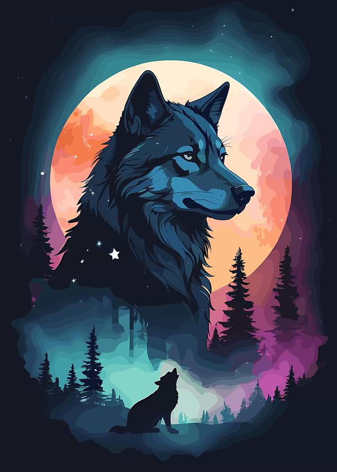 Wolf howling at the moon illustration