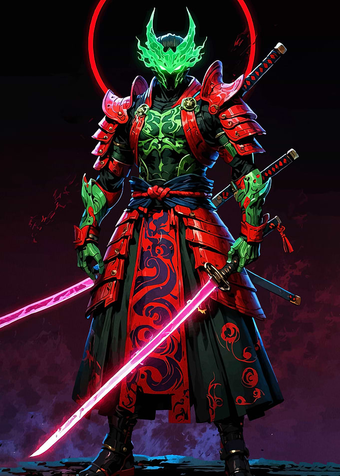 Cyberpunk Samurai Warrior with Glowing Swords