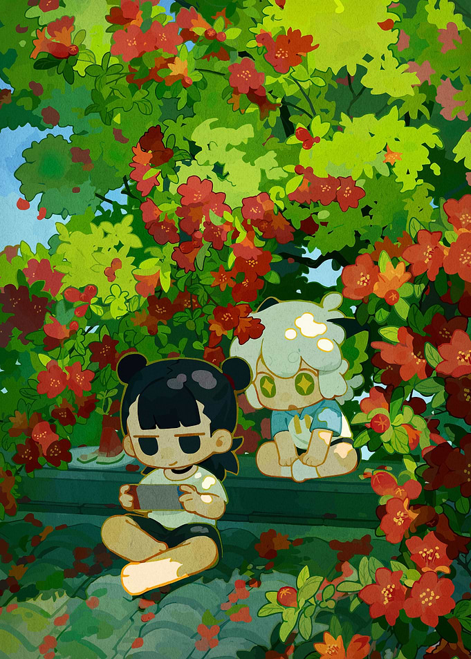 Children under a flowering tree illustration