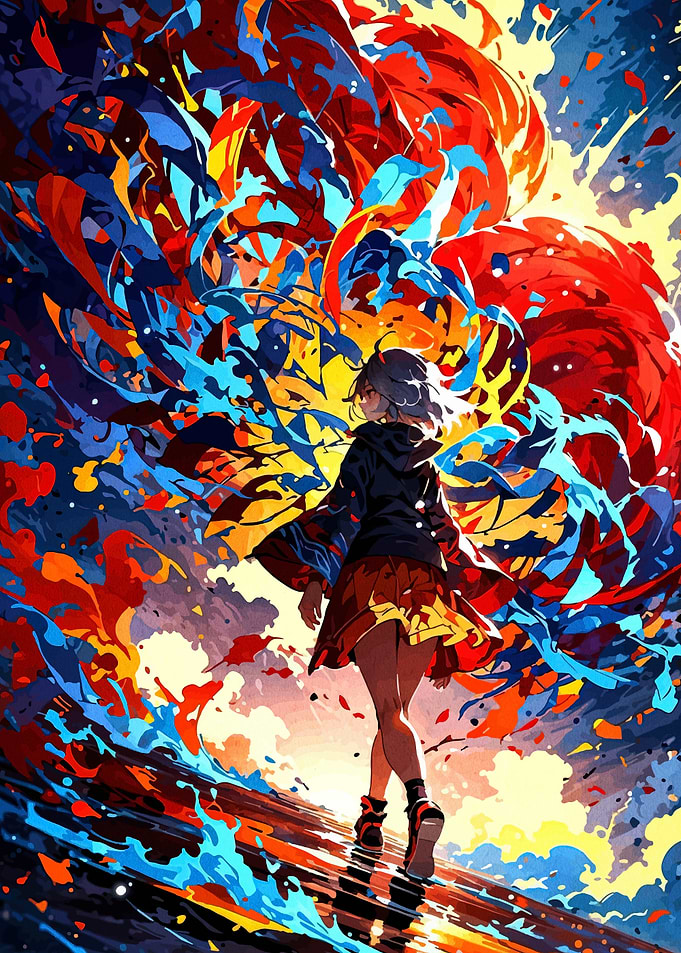 Anime Girl in Abstract Colorful World