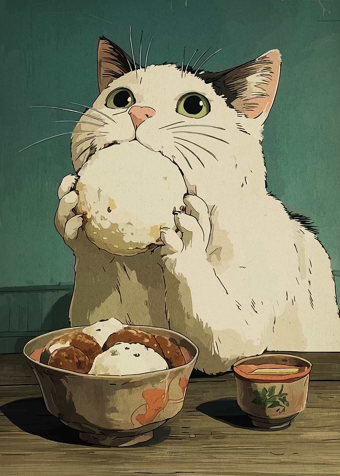 Cat eating rice ball illustration