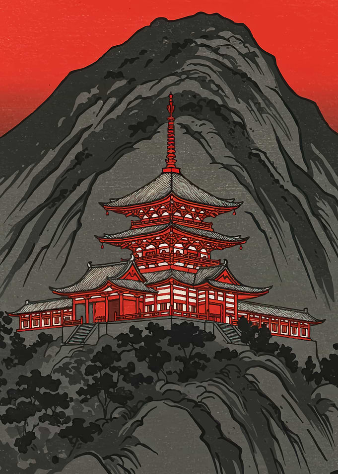 Japanese Temple and Mountain Landscape Art