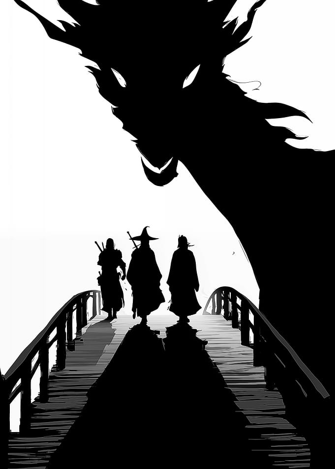 Dragon and travelers on a bridge
