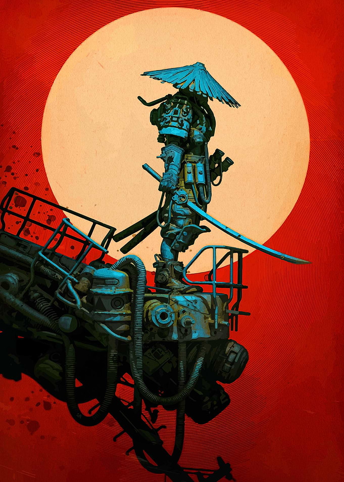 Cyberpunk Samurai with Moon Backdrop