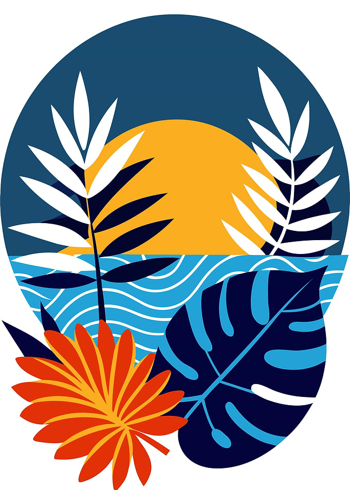 Tropical Sunset with Leaves and Waves